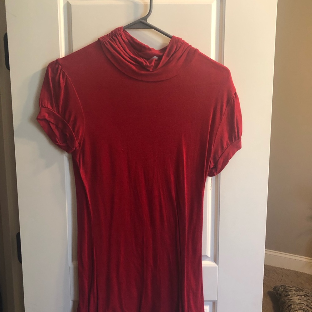 Red turtle neck blouse.
